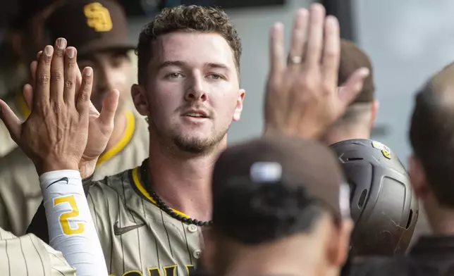 San Diego Padres' Jackson Merrill is congratulated by teammates after scoring on a single by Luis Campusano during the fourth inning of a baseball game against the Cleveland Guardians in Cleveland, Saturday, July 20, 2024. (AP Photo/Phil Long)