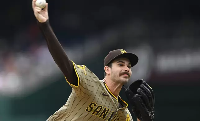 San Diego Padres starting pitcher Dylan Cease throws during the inning of a baseball game against the Washington Nationals, Thursday, July 25, 2024, in Washington. (AP Photo/John McDonnell)