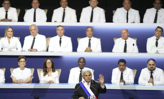 New Panamanian President Jose Raul Mulino gives a speech at his swearing-in ceremony at the Atlapa Convention Centre in Panama City, Monday, July 1, 2024. (AP Photo/Matias Delacroix)