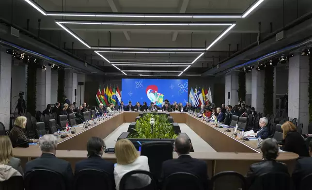 Foreign ministers attend a Mercosur Summit session at the Port building in Asuncion, Paraguay, Sunday, July 7, 2024. Heads of state from South America's Mercosur trade bloc will gather in Asuncion on July 8. (AP Photo/Jorge Saenz)