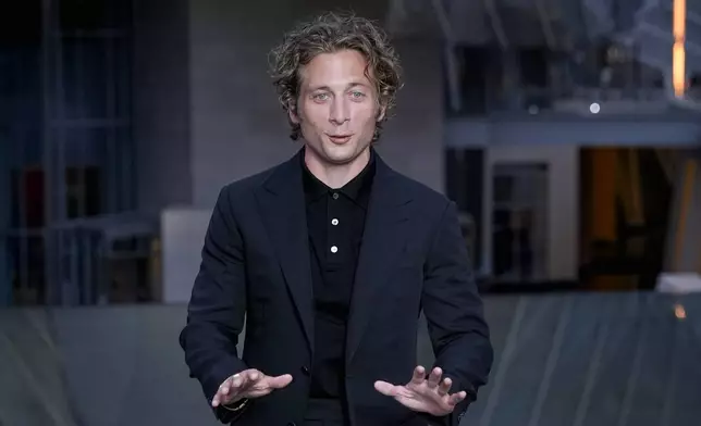 Jeremy Allen White upon arrival at the Louis Vuitton Foundation on the eve of Paris Olympics opening ceremony, at the 2024 Summer Olympics, Thursday, July 25, 2024, in Paris, France. (AP Photo/Rebecca Blackwell)