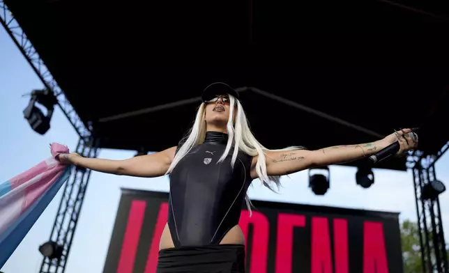 Aritists Jaydena Athena de Martel performs at the opening of Pride House, the safe space for the LGBT+ community of athletes, during the 2024 Summer Olympics, Monday, July 29, 2024, in Paris, France. (AP Photo/Natacha Pisarenko)