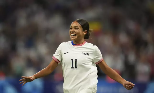 United States' Sophia Smith celebrates after scoring her side's first goal, during the women's Group B soccer match between the United States and Germany at the Velodrome stadium, during the 2024 Summer Olympics, Sunday, July 28, 2024, in Marseille, France. (AP Photo/Daniel Cole)