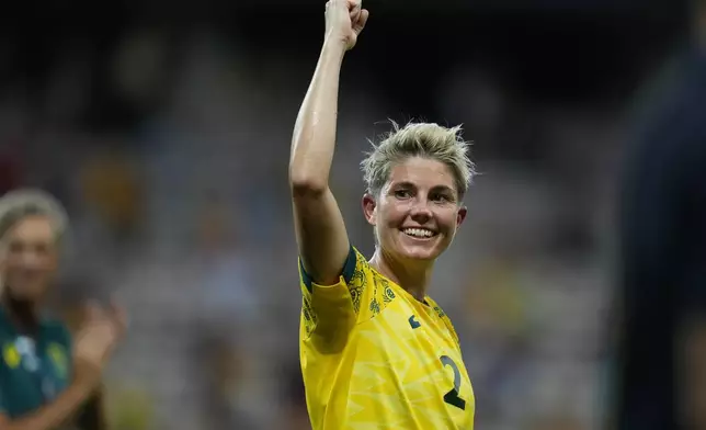 Australia's Michelle Heyman celebrates after beating 6-5 Zambia during a women's group B soccer match at the 2024 Summer Olympics, Sunday, July 28, 2024, in Nice, France. (AP Photo/Julio Cortez)