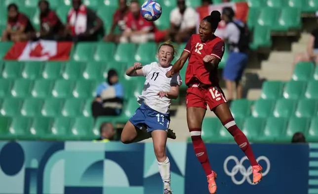 New Zealand's Katie Kitching, left, and Canada's Jade Rose vie for the ball during the women's Group A soccer match between Canada and New Zealand at Geoffroy-Guichard stadium during the 2024 Summer Olympics, Thursday, July 25, 2024, in Saint-Etienne, France. (AP Photo/Silvia Izquierdo)