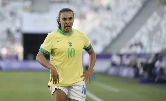 Brazil's Marta gestures during the women's Group C soccer match between Nigeria and Brazil at the Bordeaux stadium during the 2024 Summer Olympics, Thursday, July 25, 2024, in Bordeaux, France. (AP Photo/Moises Castillo)