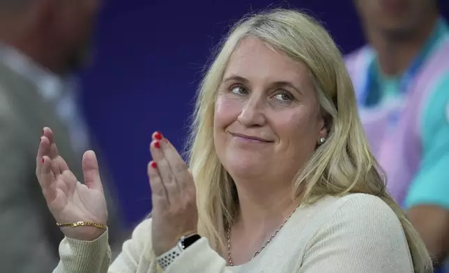 United States head coach Emma Hayes looks on prior to a women's group B match between the United States and Zambia at Nice Stadium at the 2024 Summer Olympics, Thursday, July 25, 2024, in Nice, France. (AP Photo/Julio Cortez)