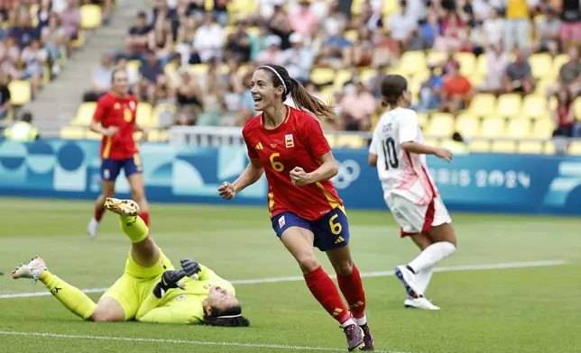 Spain's Aitana Bonmati celebrates after scoring a goal, during the women's Group C match between Spain and Japan, at La Beaujoire Stadium, during the 2024 Summer Olympics Thursday, July 25, 2024, in Nantes, France. (AP Photo/Jeremias Gonzalez)