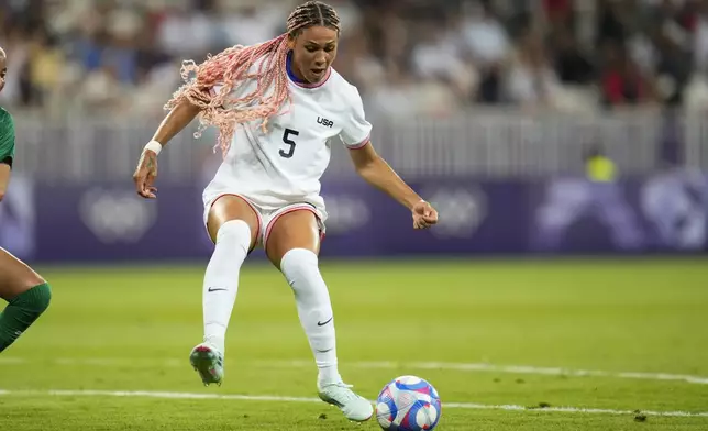 United States' Trinity Rodman controls the ball before scoring a goal during a women's group B match between the United States and Zambia at Nice Stadium at the 2024 Summer Olympics, Thursday, July 25, 2024, in Nice, France. (AP Photo/Julio Cortez)