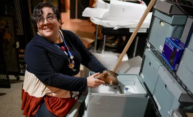 The Parthenon's Registrar and Assistant Curator Bonnie Seymour packs pre-Columbian artifacts from Mexico into boxes Tuesday, July 2, 2024, in Nashville, Tenn. The museum is working to repatriate the items back to Mexico. (AP Photo/George Walker IV)