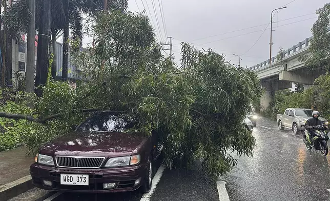 A tree fell into a vehicle as monsoon rains worsened by offshore typhoon Gaemi on Wednesday, July 24, 2024, in Manila, Philippines. (AP Photo/Joeal Capulitan)