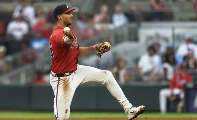 Atlanta Braves first baseman Matt Olson throws to first base in the fourth inning of a baseball game against the Philadelphia Phillies, Friday, July 5, 2024, in Atlanta. (AP Photo/Jason Allen)