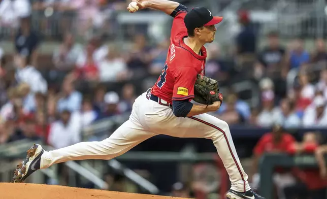 Atlanta Braves pitcher Max Fried throws in the first inning of a baseball game against the Philadelphia Phillies, Friday, July 5, 2024, in Atlanta. (AP Photo/Jason Allen)