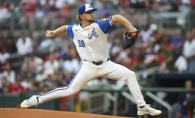 Atlanta Braves starting pitcher Spencer Schwellenbach delivers in the first inning of a baseball game against the Philadelphia Phillies, Saturday, July 6, 2024, in Atlanta. (AP Photo/Brett Davis)