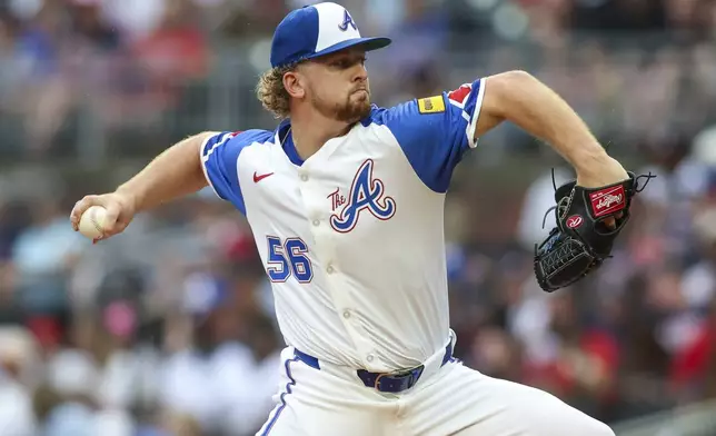 Atlanta Braves starting pitcher Spencer Schwellenbach delivers in the first inning of a baseball game against the Philadelphia Phillies, Saturday, July 6, 2024, in Atlanta. (AP Photo/Brett Davis)