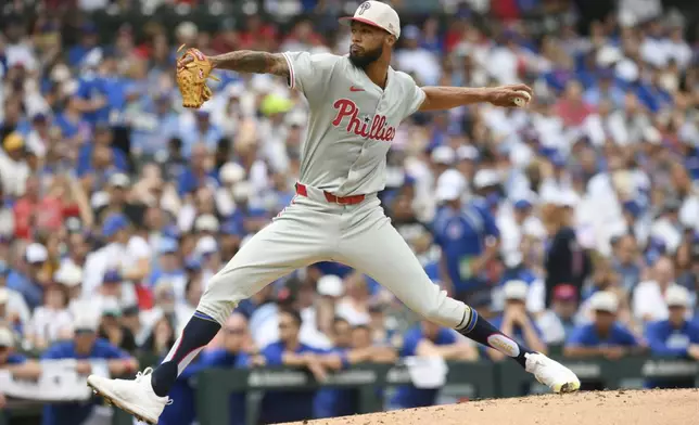 Philadelphia Phillies starter Cristopher Sanchez delivers a pitch during the first inning of a baseball game against the Chicago Cubs Thursday, July 4, 2024, in Chicago. (AP Photo/Paul Beaty)