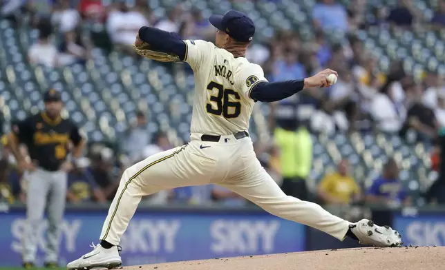 Milwaukee Brewers' Tobias Myers pitches during the first inning of a baseball game against the Pittsburgh Pirates, Wednesday, July 10, 2024, in Milwaukee. (AP Photo/Aaron Gash)