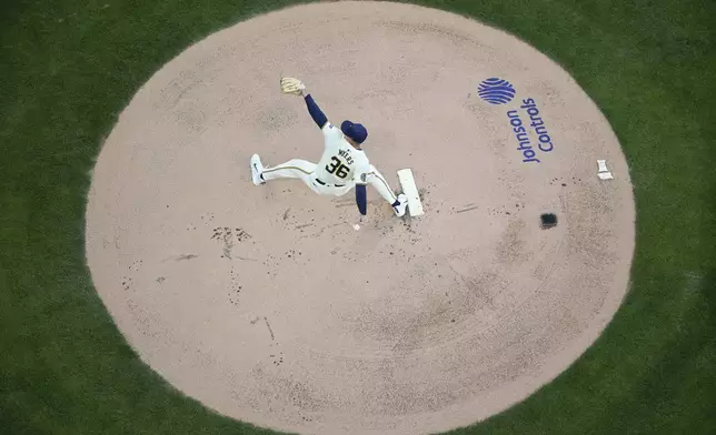 Milwaukee Brewers' Tobias Myers pitches during the first inning of a baseball game against the Pittsburgh Pirates, Wednesday, July 10, 2024, in Milwaukee. (AP Photo/Aaron Gash)