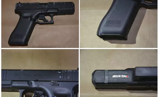 This combination of images released by the Utica Police Department shows a replica of a Glock 17 Gen 5 handgun recovered after an officer fatally shot a 13-year-old boy who had been tackled to the ground after he ran from police and pointed the replica gun at them on Friday, June 28, 2024, in Utica, N.Y. (Utica, N.Y., Police Department via AP)