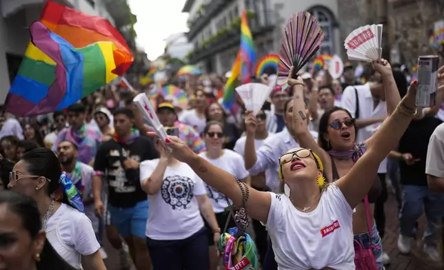 Revelers take part in a Pride parade marking the culmination of LGBTQ+ Pride month, in Panama City, Saturday, June 29, 2024. (AP Photo/Matias Delacroix)