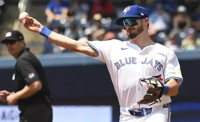 Toronto Blue Jays first baseman Spencer Horwitz throws to first to put out Texas Rangers catcher Johan Heim in second-inning baseball game action in Toronto, Sunday, July 28, 2024. (Jon Blacker/The Canadian Press via AP)