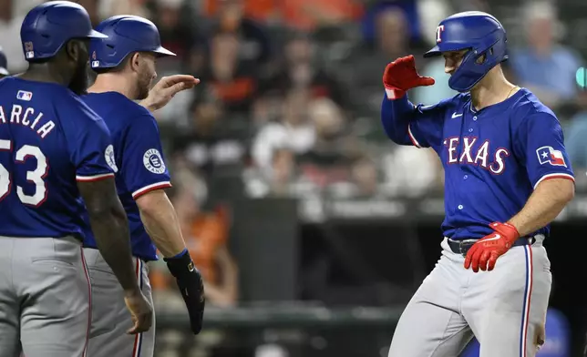Texas Rangers' Wyatt Langford, right, celebrates his three-run home run with Adolis García (53) and Robbie Grossman, center, during the eighth inning of a baseball game against the Baltimore Orioles, Sunday, June 30, 2024, in Baltimore. The three-run home run completed the cycle for Langford. The Rangers won 11-2. (AP Photo/Nick Wass)
