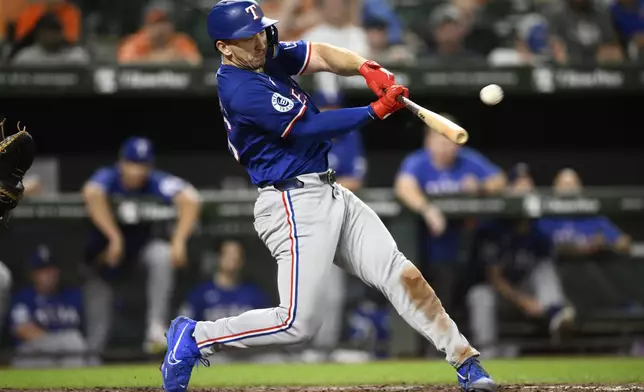 Texas Rangers' Wyatt Langford hits a three-run home run during the eighth inning of a baseball game against the Baltimore Orioles, Sunday, June 30, 2024, in Baltimore. The three-run home run completed the cycle for Langford. The Rangers won 11-2. (AP Photo/Nick Wass)