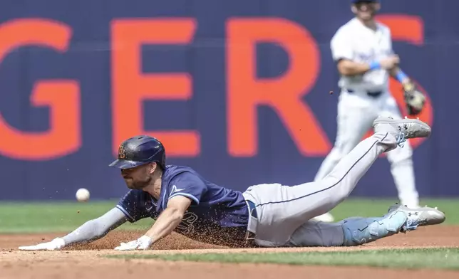 Tampa Bay Rays designated hitter Brandon Lowe takes second base after hitting an RBI double against the Toronto Blue Jays during third-inning baseball game action in Toronto, Thursday, July 25, 2024. (Chris Young/The Canadian Press via AP)