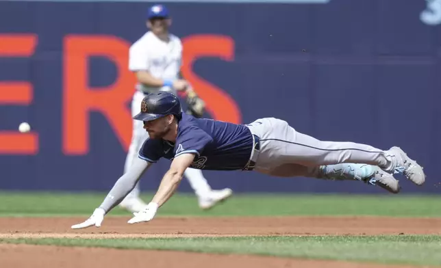 Tampa Bay Rays designated hitter Brandon Lowe takes second base after hitting an RBI double against the Toronto Blue Jays during third-inning baseball game action in Toronto, Thursday, July 25, 2024. (Chris Young/The Canadian Press via AP)