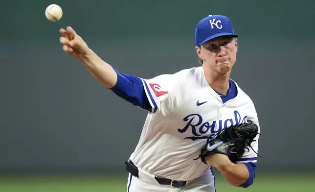Kansas City Royals starting pitcher Brady Singer throws during the first inning of a baseball game against the Tampa Bay Rays Tuesday, July 2, 2024, in Kansas City, Mo. (AP Photo/Charlie Riedel)