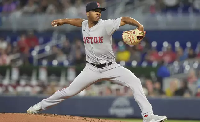 Boston Red Sox starting pitcher Brayan Bello delivers during the first inning of a baseball game against the Miami Marlins, Wednesday, July 3, 2024, in Miami. (AP Photo/Marta Lavandier)