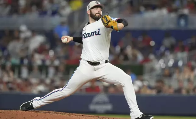 Miami Marlins pitcher Kyle Tyler pitches during the second inning of a baseball game against the Boston Red Sox, Thursday, July 4, 2024, in Miami. (AP Photo/Marta Lavandier)