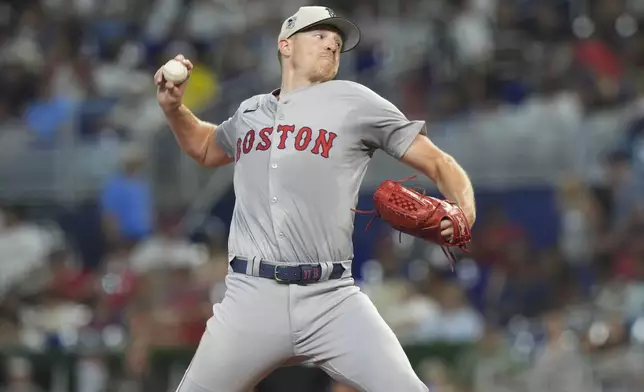 Boston Red Sox pitcher Nick Pivetta (37) aims a pitch during the first inning of a baseball game against the Miami Marlins, Thursday, July 4, 2024, in Miami. (AP Photo/Marta Lavandier)