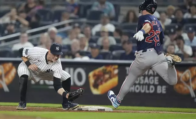 Boston Red Sox's Romy Gonzalez (23) is thrown out at first base by New York Yankees pitcher Luke Weaver as Yankees' Ben Rice, left, catches the ball during the seventh inning of a baseball game, Friday, July 5, 2024, in New York. (AP Photo/Frank Franklin II)