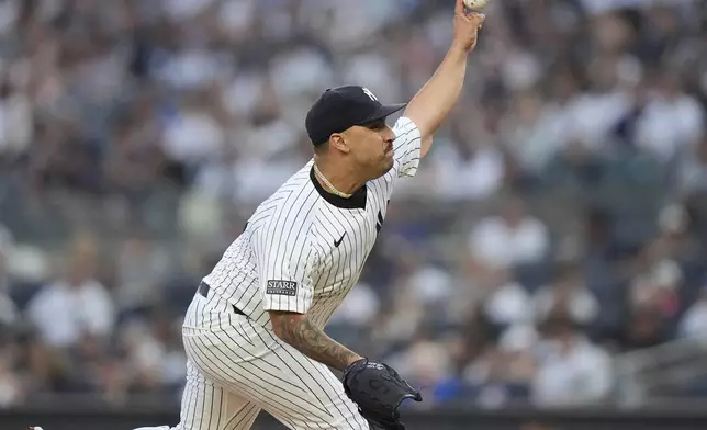 New York Yankees' Nestor Cortes pitches during the first inning of a baseball game against the Boston Red Sox, Friday, July 5, 2024, in New York. (AP Photo/Frank Franklin II)