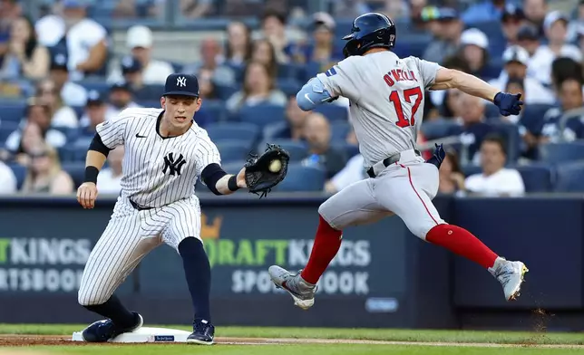 New York Yankees first baseman Ben Rice, left, makes a catch to put out Boston Red Sox's Tyler O'Neill (17) during the first inning of a baseball game, Sunday, July 7, 2024, in New York. (AP Photo/Noah K. Murray)