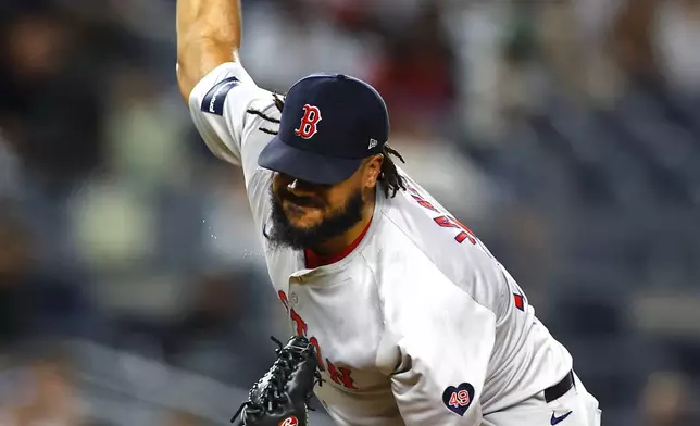 Boston Red Sox's Kenley Jansen pitches against the New York Yankees during the ninth inning of a baseball game, Sunday, July 7, 2024 in New York. (AP Photo/Noah K. Murray)