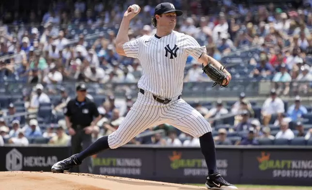 New York Yankees pitcher Gerrit Cole throws during the first inning of a baseball game against the Boston Red Sox, Saturday, July 6, 2024, in New York. (AP Photo/Pamela Smith)