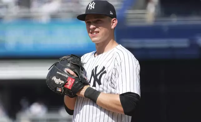 New York Yankees first baseman Ben Rice stands on the field during the ninth inning of a baseball game against the Boston Red Sox, Saturday, July 6, 2024, in New York. (AP Photo/Pamela Smith)