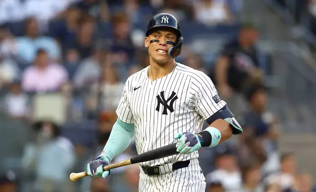 New York Yankees' Aaron Judge reacts after striking out against the Boston Red Sox during the fourth inning of a baseball game, Sunday, July 7, 2024, in New York. (AP Photo/Noah K. Murray)