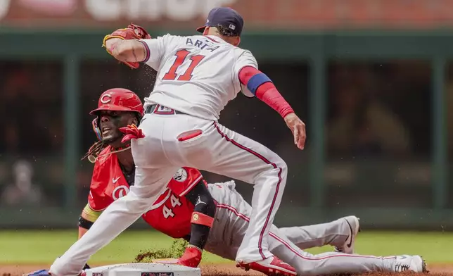 Cincinnati Reds' Elly De La Cruz (44) slides into second base as Atlanta Braves shortstop Orlando Arcia (11) attempts to tag him in the first inning of the first baseball game, Wednesday, July 24, 2024, in Atlanta. (AP Photo/Jason Allen)