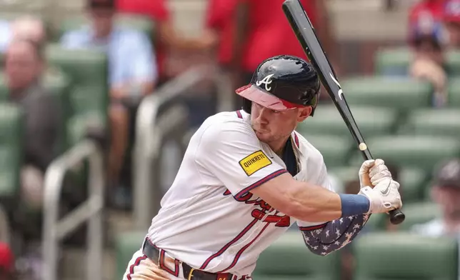 Atlanta Braves' Jarred Kelenic watches a pitch in the third inning of the first baseball game of a doubleheader against the Cincinnati Reds, Wednesday, July 24, 2024, in Atlanta. (AP Photo/Jason Allen)