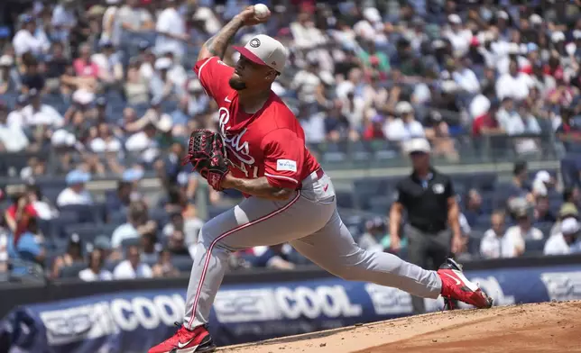 Cincinnati Reds pitcher Frankie Montas throws in the first inning of a baseball game against the New York Yankees, Thursday, July 4, 2024, in New York. (AP Photo/Pamela Smith)