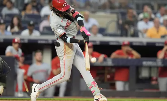 Cincinnati Reds' Elly De La Cruz hits a two-run home run during the fifth inning of a baseball game against the New York Yankees, Tuesday, July 2, 2024, in New York. (AP Photo/Frank Franklin II)