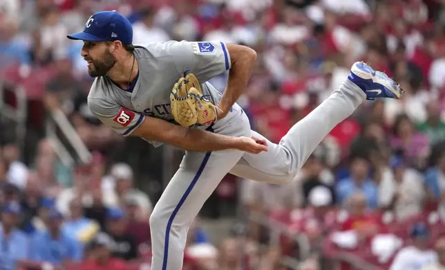 Kansas City Royals starting pitcher Michael Wacha throws during the first inning in the second game of a baseball doubleheader against the St. Louis Cardinals Wednesday, July 10, 2024, in St. Louis. (AP Photo/Jeff Roberson)