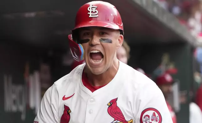 St. Louis Cardinals' Lars Nootbaar celebrates after hitting a solo home run during the second inning in the second game of a baseball doubleheader against the Kansas City Royals Wednesday, July 10, 2024, in St. Louis. (AP Photo/Jeff Roberson)