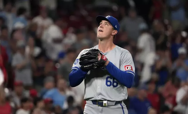 Kansas City Royals relief pitcher James McArthur celebrates an 8-5 victory over the St. Louis Cardinals in the second game of a baseball doubleheader Wednesday, July 10, 2024, in St. Louis. (AP Photo/Jeff Roberson)