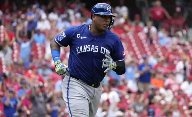 Kansas City Royals' Salvador Perez rounds the bases after hitting a solo home run during the sixth inning in the first game of a baseball doubleheader against the St. Louis Cardinals Wednesday, July 10, 2024, in St. Louis. (AP Photo/Jeff Roberson)