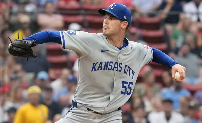 Kansas City Royals starting pitcher Cole Ragans throws against the Boston Red Sox during the first inning of a baseball game, Friday, July 12, 2024, in Boston. (AP Photo/Michael Dwyer)