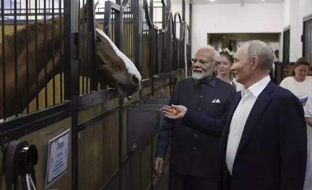 Russian President Vladimir Putin, right, and Indian Prime Minister Narendra Modi visit a stable during an informal meeting at Novo-Ogaryovo residence, outside Moscow, Russia, Monday, July 8, 2024. (Gavriil Grigorov, Sputnik, Kremlin Pool Photo via AP)